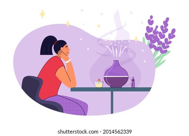 Flores de lavanda y difusor de hogar ultrasónico decorativos para meditación y frescura en casa Aromaterapia Concepto de un balneario y espacio de bienestar Hogar Ilustración vectorial Mujer con difusor de aroma