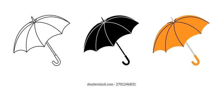 Decorative umbrella icon with layered canopy in outline, black, and orange colors