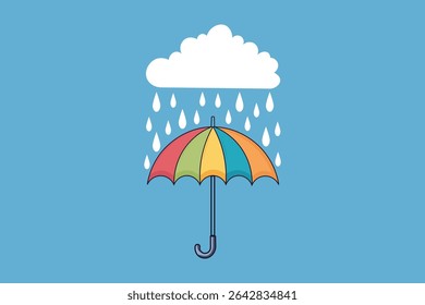 Decorative umbrella with water drops falling from sky, cartoon-style vector illustration with soft pastel palette for kids’ projects, seasonal designs, and creative use


