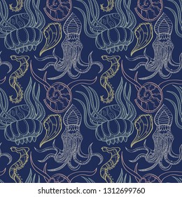 Decorative underwater pattern. Jellyfish, octopus, shell, sea ​​horse. Hand drawn vector.