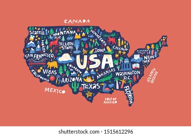 Decorative USA map flat hand drawn vector illustration. American states and cities names lettering with cartoon landmarks isolated on red background. America infographic poster, banner design