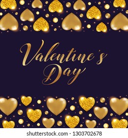 Decorative Valentine background with shining golden glittering hearts and gemstones. Vector illustration. 