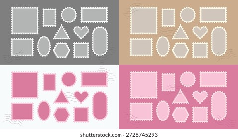 Quadros decorativos de postagem do Dia dos Namorados e bordas de carimbo em forma de coração romântico conjunto de férias. Marcas festivas em branco vazias para convites, cartas de amor, cartões de saudação vários design vetor ilustração