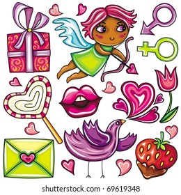 Decorative valentine elements:cute cupid shooting arrows, chocolate dipped strawberry, heart shaped lollipop, love letter  present, singing love bird, flower,   male and female gender signs