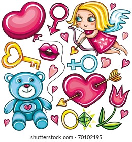 Decorative valentine elements:cute cupid shooting arrow, key, teddy bear, heart with arrow through, female and male gender sign, diamond ring, tulip flower, hot kiss, heart shaped balloon.