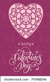 Decorative Valentine greeting card with floral ornate hearts and lettering. Vector illustration EPS 10.