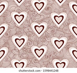Decorative Valentine vector seamless pattern with beautiful hand drawn hearts and figured linear ornament, coffee colors