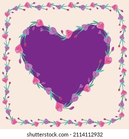 Decorative valentines card with heart shape and border from watercolor pink and red abstract flowers 