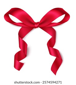 Decorative Valentine's Day red bow with long swirl ribbon isolated on white. Beautiful spring holiday decoration for your design. Vector stock illustration.