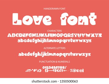 Decorative valentines display font with hearts. Alphabet vector calligraphy signs. Letter vector set. Detailed scandinavian love hand drawn typography typeset.