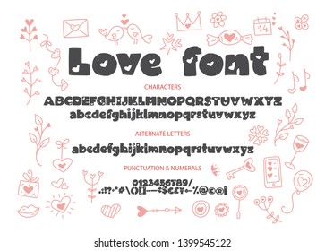 Decorative valentines display font with hearts. Alphabet vector calligraphy signs and doodles. Letter vector set. Detailed scandinavian love hand drawn typography typeset.