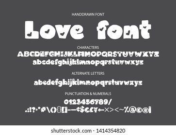 Decorative valentines display font with hearts. Alphabet vector calligraphy signs. Letter vector set. Detailed scandinavian love hand drawn typography typeset.