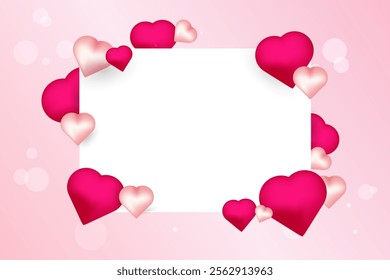 A decorative Valentine-themed design with a rectangular white frame surrounded by pink and red hearts of various sizes, set on a soft pink background with bokeh effects.