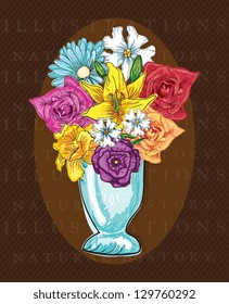 Decorative Vase, (Colorful Flowers) on vintage background. Vector Illustration