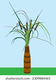 A decorative vase filled with cattails is sitting out in the open