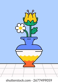 Decorative vase with gradient colors blue, white, yellow, and orange placed on a tiled floor. The vase holds a bright yellow flower with pink details and a simple white daisy vector illustration