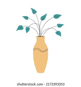 Decorative vase for home flowers. Pot with green plants. Object of a room interior. Ancient style and design. Flat vector illustration isolated on white background