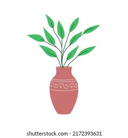 Decorative vase for home flowers. Pot with green plants. Object of a room interior. Ancient style and design. Flat vector illustration isolated on white background