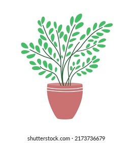 Decorative vase for home flowers. Pot with green plants. Object of a room interior. Flat vector illustration isolated on white background
