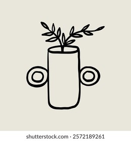 Decorative Vase Plant Pottery Ceramic. Jug Sketch Black Line Symbol. Stylized Whimsical Hand Drawn Vector Element Decor