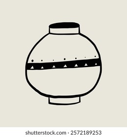 Decorative Vase Pottery Ceramic. Jar Sketch Black Line Symbol. Stylized Whimsical Hand Drawn Vector Element Decor