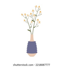 Decorative vase with yellow field flowers, floral decor. Vector natural blossoms in blue bottle, bunch of fresh foliage interior design decoration