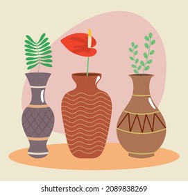 decorative vases with leaves and anthurium