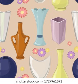 Decorative vases pattern. Various forms of vases. Home interior decoration.