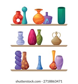 Vasos decorativos. um conjunto de vasos multicoloridos de diferentes formas. Vasos nas prateleiras