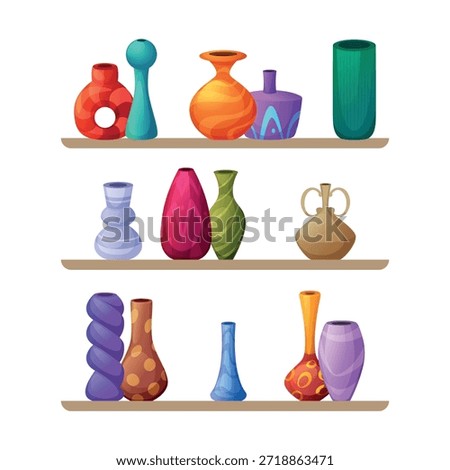 Decorative vases. a set of multi-colored vases of different shapes. vases on the shelves