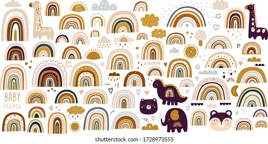 Decorative vector abstract art collection with modern rainbows, funny animals baby and clouds. Hand-drawn modern illustration. Baby trendy decorative collection
