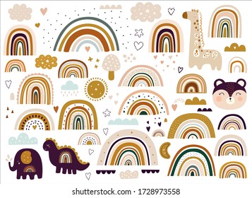 Decorative vector abstract art collection with modern rainbows, funny animals baby and clouds. Hand-drawn modern illustration. Baby trendy decorative collection
