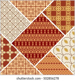 Decorative vector abstract tile in style stitched textile patches with different ornament in beige and red
