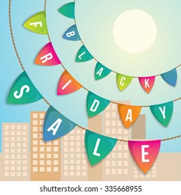 Decorative vector advertising flags. Black Friday following Thanksgiving Day in the United States. Day city on background. Web banner design. Big sale.