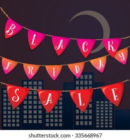 Decorative vector advertising flags. Black Friday following Thanksgiving Day in the United States. Night city on background. Web banner design. Big sale.