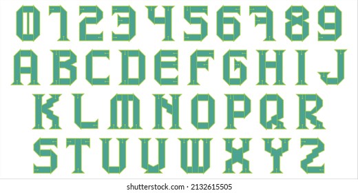 Dekoratives Vektoralphabet und Zahlen einzeln auf weißem Hintergrund.Vektorgrafik-Schriftart.
