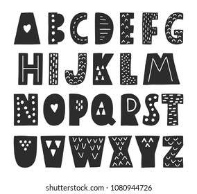 Decorative vector alphabet in the Scandinavian style with a geometric pattern for children's posters, postcards, decorations of holidays, rooms