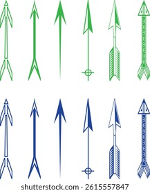 Decorative Vector Arrows Set in Lemon Green and Blue – Tribal and Modern Arrow Icons for Graphic Design and Directional Elements