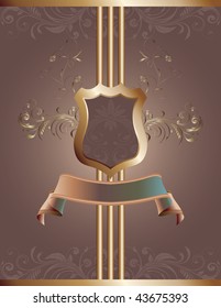 A decorative vector background with banner, shield and ornamental flourishes.