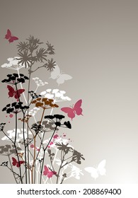 Decorative vector background with butterflies and wildflowers