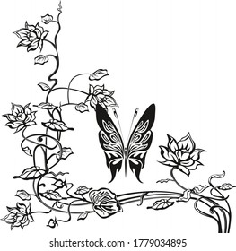 Decorative vector background with floral and ornament elements, flowers, leaves and curves for design. Place for text or image. Abstract illustration with the butterfly.