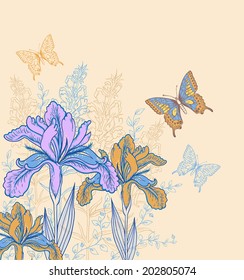 Decorative vector background with flowers and butterflies