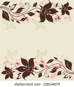 Decorative vector background with flowers and pink butterflies