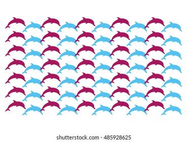 Decorative vector background pattern of red blue dolphins