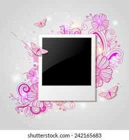 Decorative vector background with photo and pink flowers