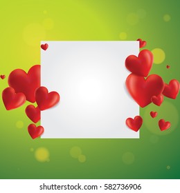 Decorative vector background with realistic 3D looking hearts created with gradient mesh and white copy space for your text