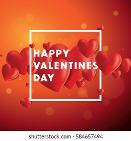 Decorative vector background with realistic 3D looking hearts created with gradient mesh, happy Valentines Day typographic message