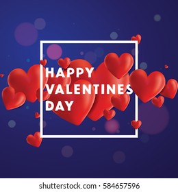Decorative vector background with realistic 3D looking hearts created with gradient mesh, happy Valentines Day typographic message