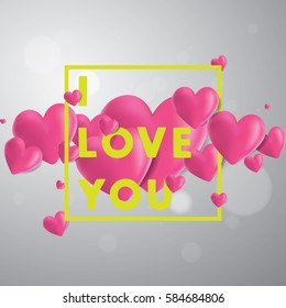 Decorative vector background with realistic 3D looking hearts created with gradient mesh, I Love You typographic message