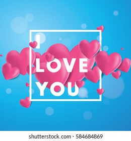 Decorative vector background with realistic 3D looking hearts created with gradient mesh, I Love You typographic message